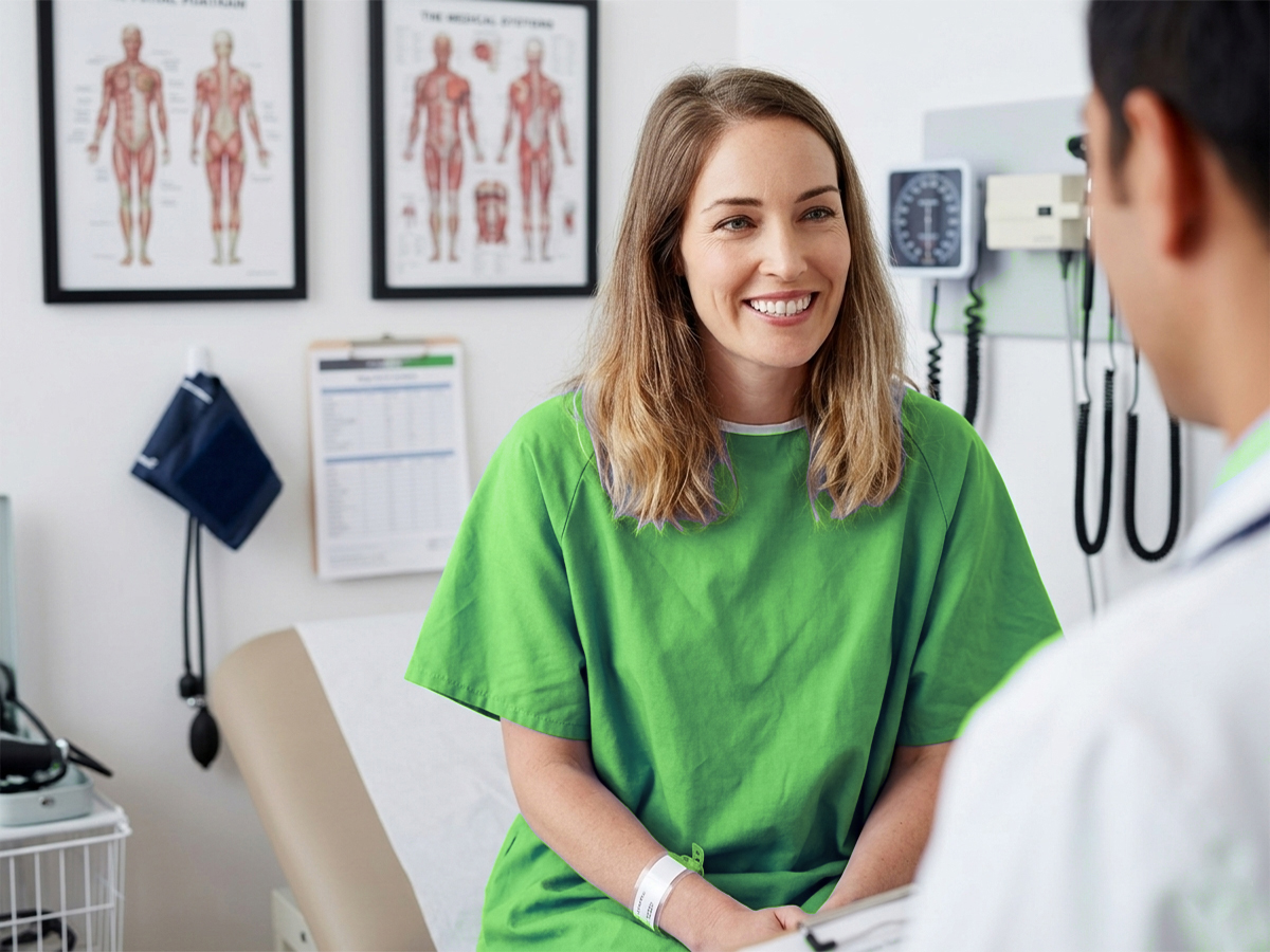 Patient in a clinical setting speaking with a doctor during a consultation